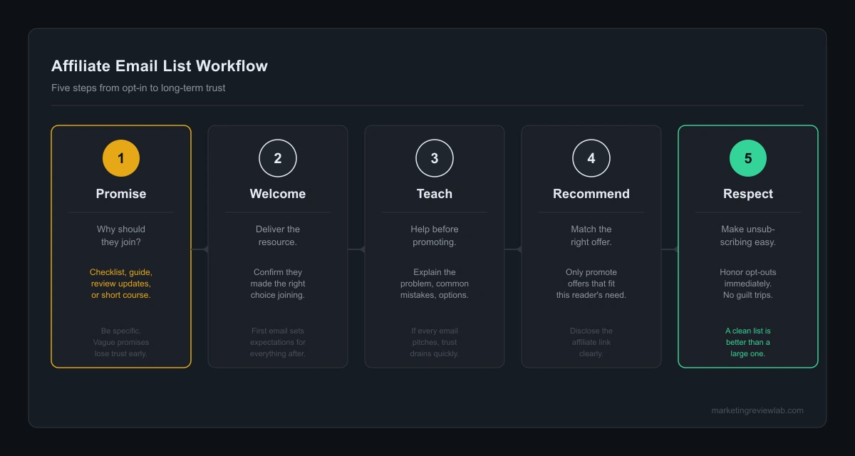 Affiliate email list workflow: opt-in promise, welcome delivery, helpful follow-up, fit-based recommendation, and easy unsubscribe.