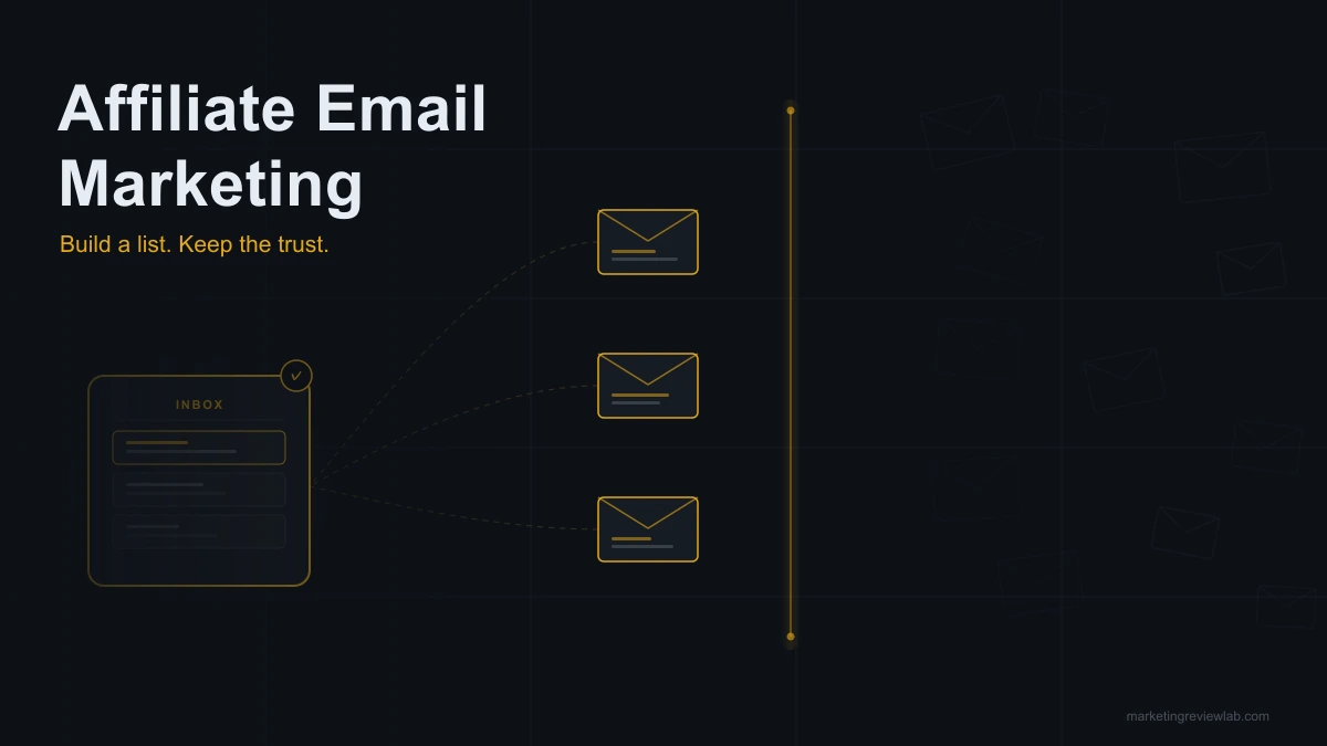 affiliate-email-marketing-featured Affiliate email marketing illustration showing a permission-based opt-in flow, helpful follow-up, and buyer-first recommendation.
