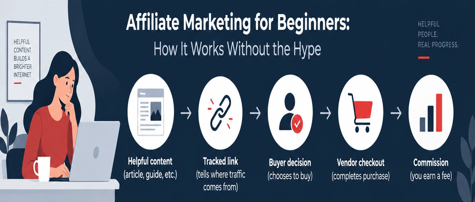 affiliate-marketing-for-beginners-featured Affiliate marketing for beginners illustration showing content, tracked links, buyer decision, vendor checkout, and commission flow.