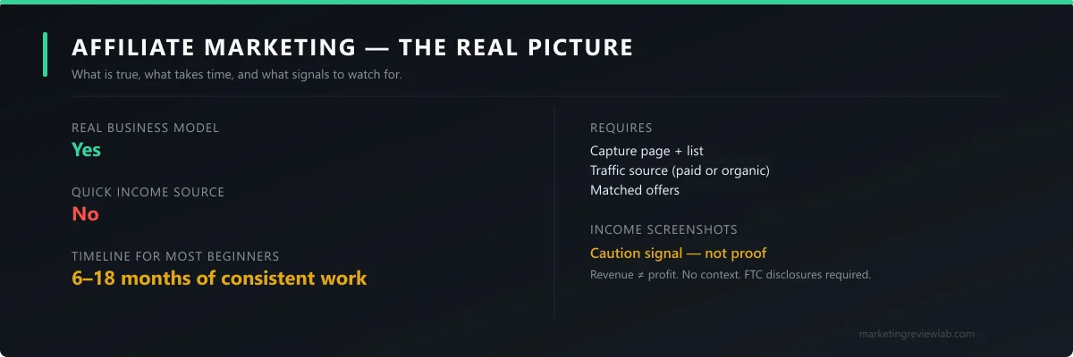 Affiliate marketing verdict: real business model, requires infrastructure and time, income screenshots are a caution signal not a selling point.