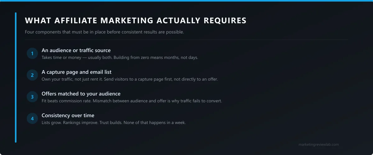 What affiliate marketing actually requires: audience or traffic source, capture page and list, matched offers, and consistency over time.
