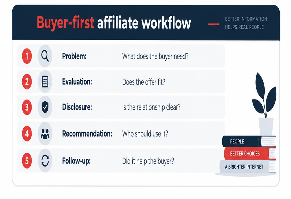 Buyer-first affiliate marketing workflow showing problem, evaluation, disclosure, recommendation, and follow-up.