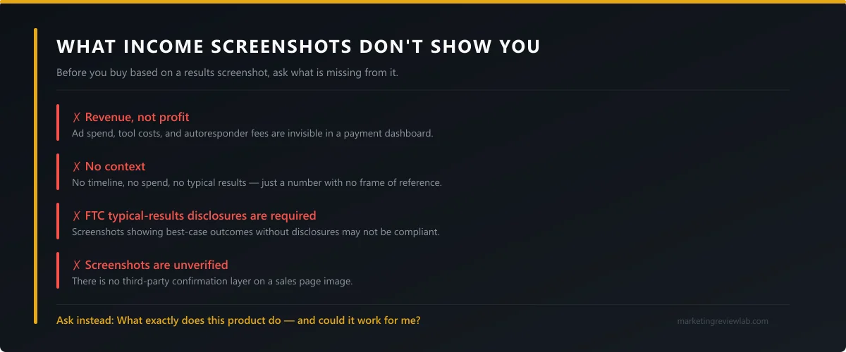What income screenshots in affiliate marketing hide: revenue not profit, no context, no typical results disclosure, easy to fabricate.