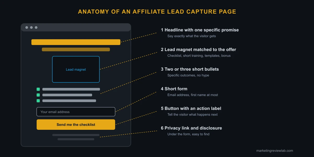 Diagram of the six parts of an affiliate lead capture page: headline, lead magnet, bullets, short form, action button, privacy link and disclosure