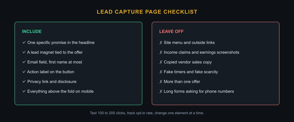 Lead capture page checklist showing what to include and what to leave off