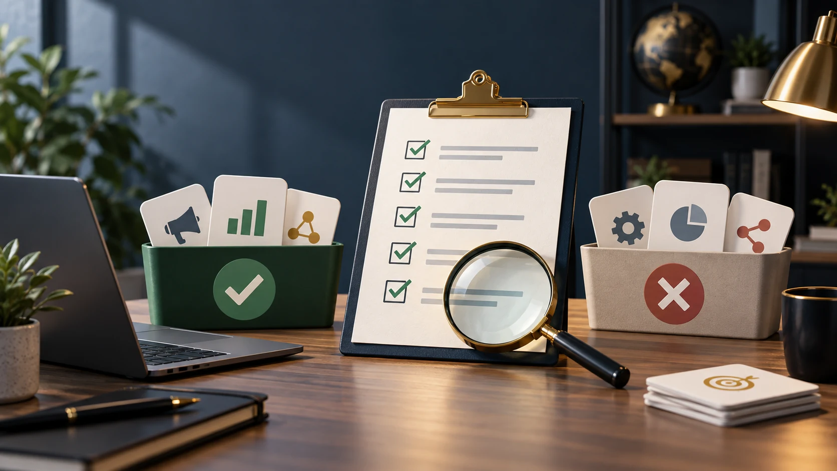 Marketing tool evaluation checklist featured image Marketing tool evaluation checklist on a desk with software cards sorted into keep and skip piles.