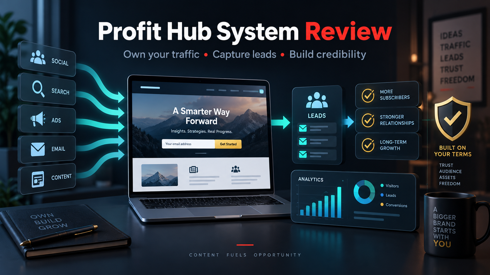 Profit Hub System review illustration showing owned traffic, lead capture, list growth, conversions, and credibility