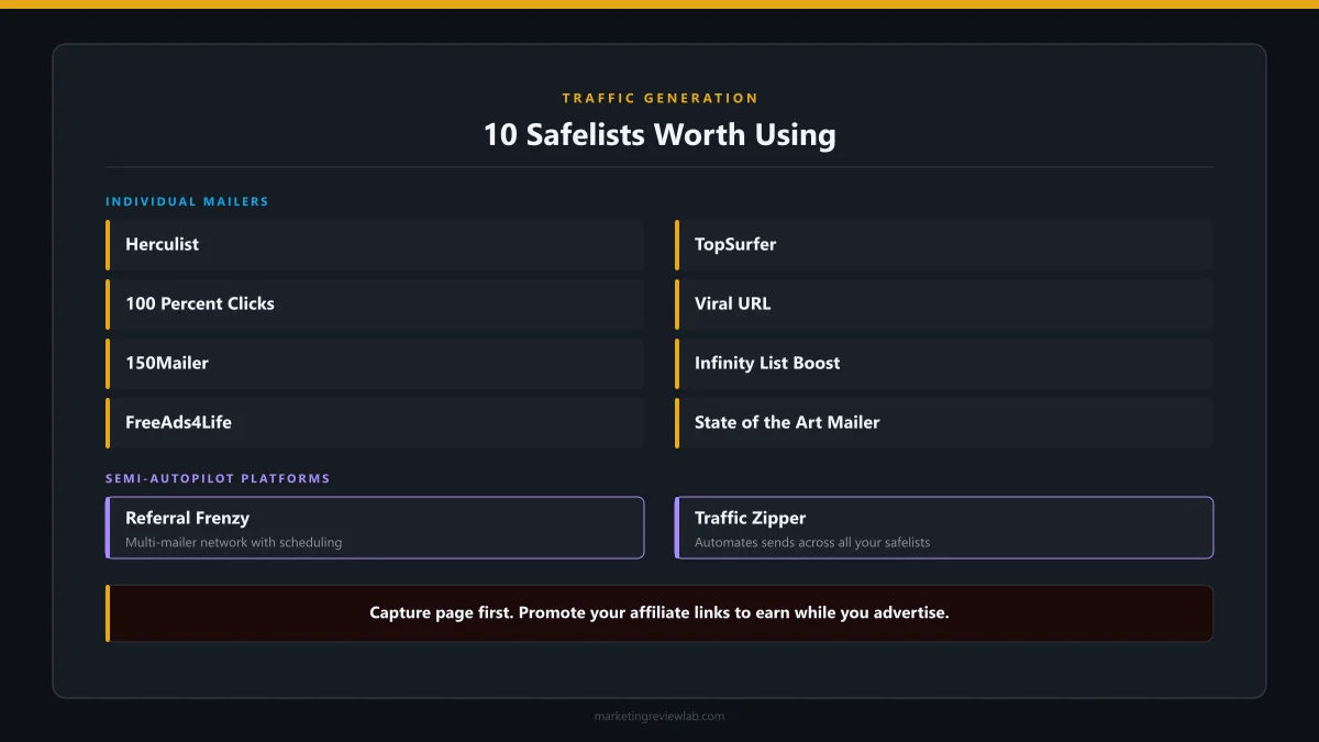 10 safelists worth using for affiliate marketing: Herculist, 100 Percent Clicks, 150Mailer, FreeAds4Life, TopSurfer, Viral URL, Infinity List Boost, State of the Art Mailer, Referral Frenzy, Traffic Zipper.