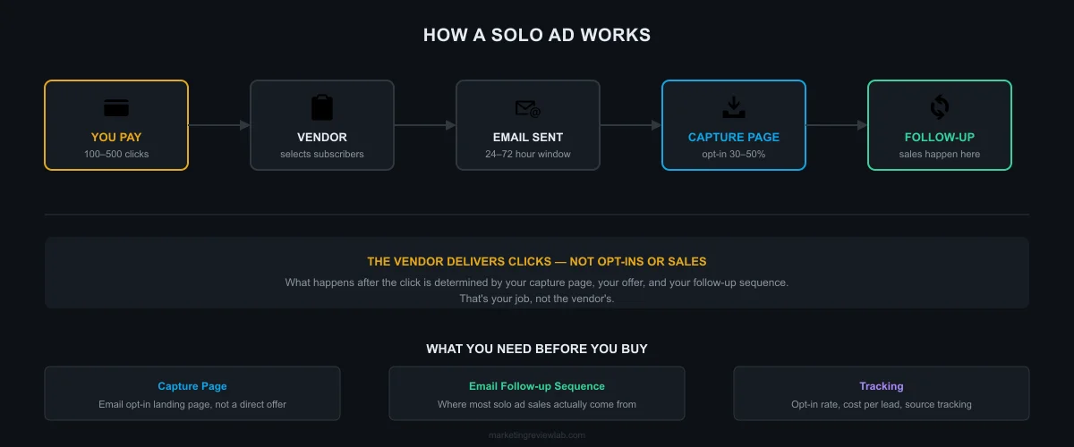 Solo ad process flow: pay vendor, vendor emails list, subscriber clicks, lands on capture page, opts in, enters email sequence