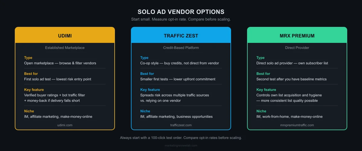 Solo ad vendor comparison: Udimi marketplace, Traffic Zest credit-based, MRX Premium Traffic direct provider