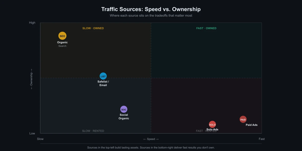 Chart comparing affiliate marketing traffic sources by speed and ownership: organic search is slow but owned, solo ads are fast but rented.