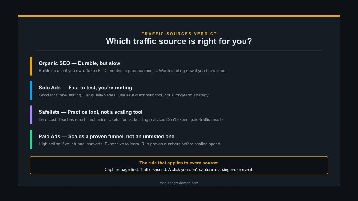 Verdict card summarizing affiliate marketing traffic source recommendations: SEO for long-term, solo ads for testing, safelists for practice.