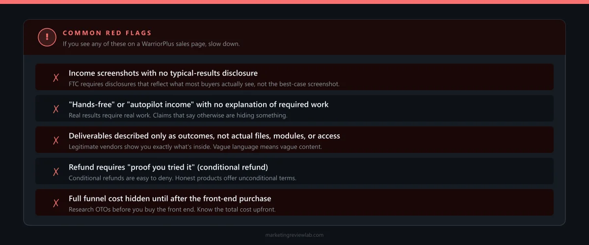 Common WarriorPlus sales page red flags: income screenshots without disclaimers, vague deliverables, hidden refund conditions, deep OTO funnels.