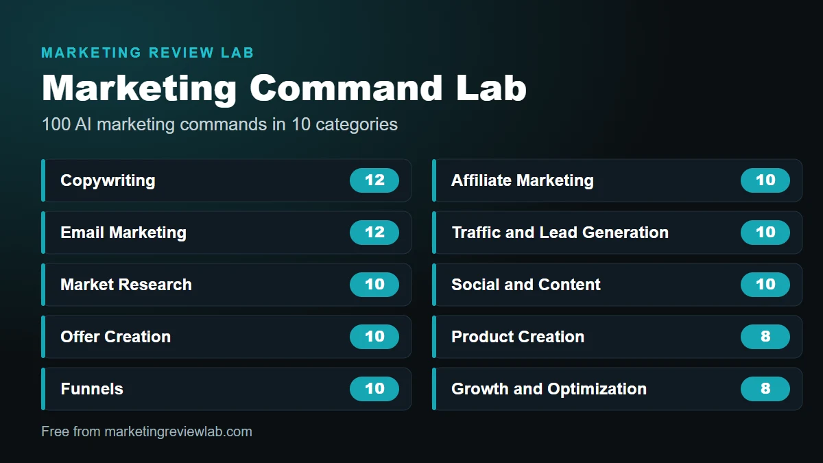 Marketing Command Lab categories: Copywriting 12, Email Marketing 12, Market Research 10, Offer Creation 10, Funnels 10, Affiliate Marketing 10, Traffic and Lead Generation 10, Social and Content 10, Product Creation 8, Growth and Optimization 8.