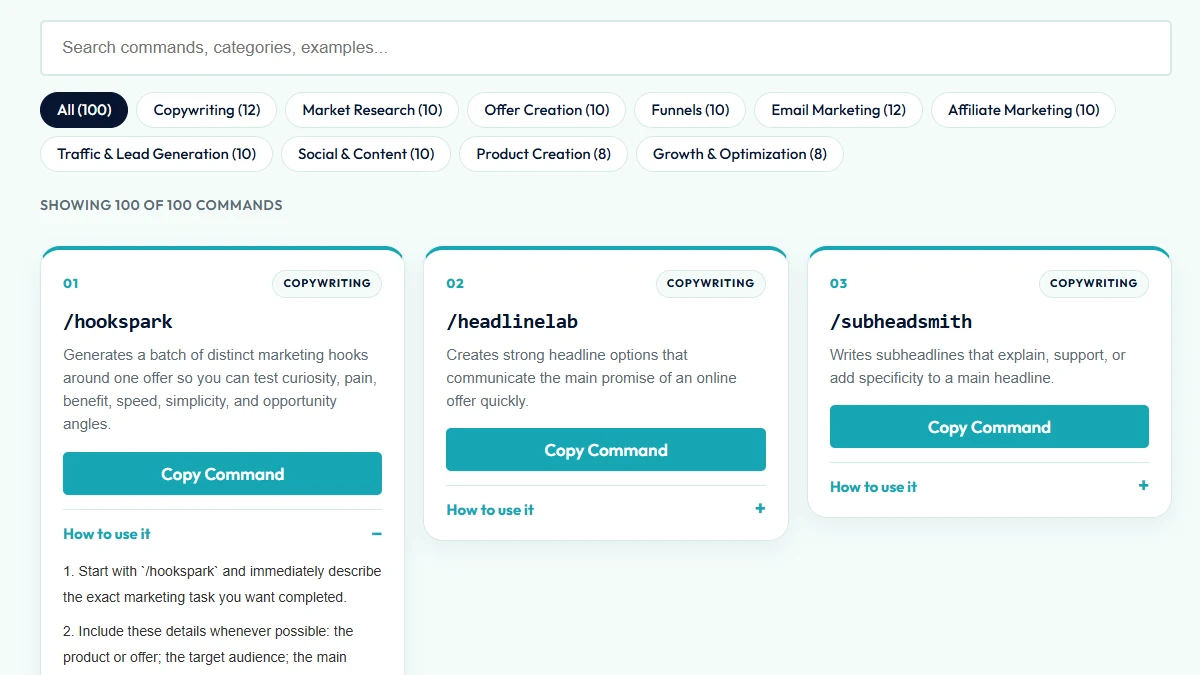 Marketing Command Lab library showing search, category filters, and command cards with copy buttons.