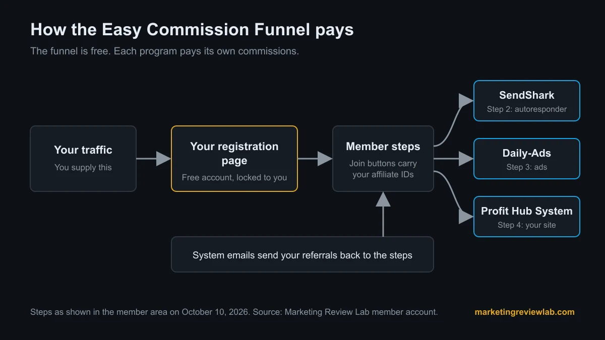 Diagram: your traffic goes to your free registration page, new members follow four steps, and SendShark, Daily-Ads, and Profit Hub System each pay their own commissions