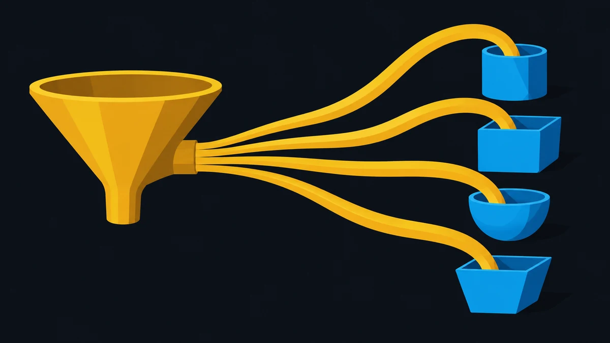 Illustration of one funnel splitting into four streams, representing the Easy Commission Funnel feeding several affiliate programs