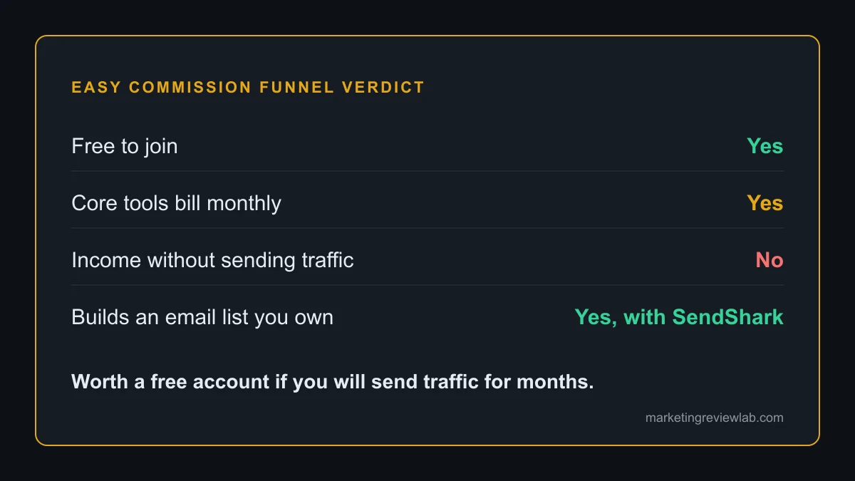 Easy Commission Funnel review verdict: free to join, core tools bill monthly, no income without traffic, worth a free account if you will send traffic